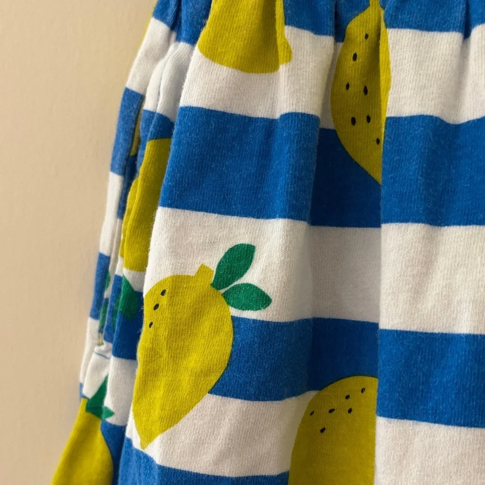 Mini Boden Girls Lemon Print Dress Blue White Striped Summer Outfit Cute Sz 4-5
